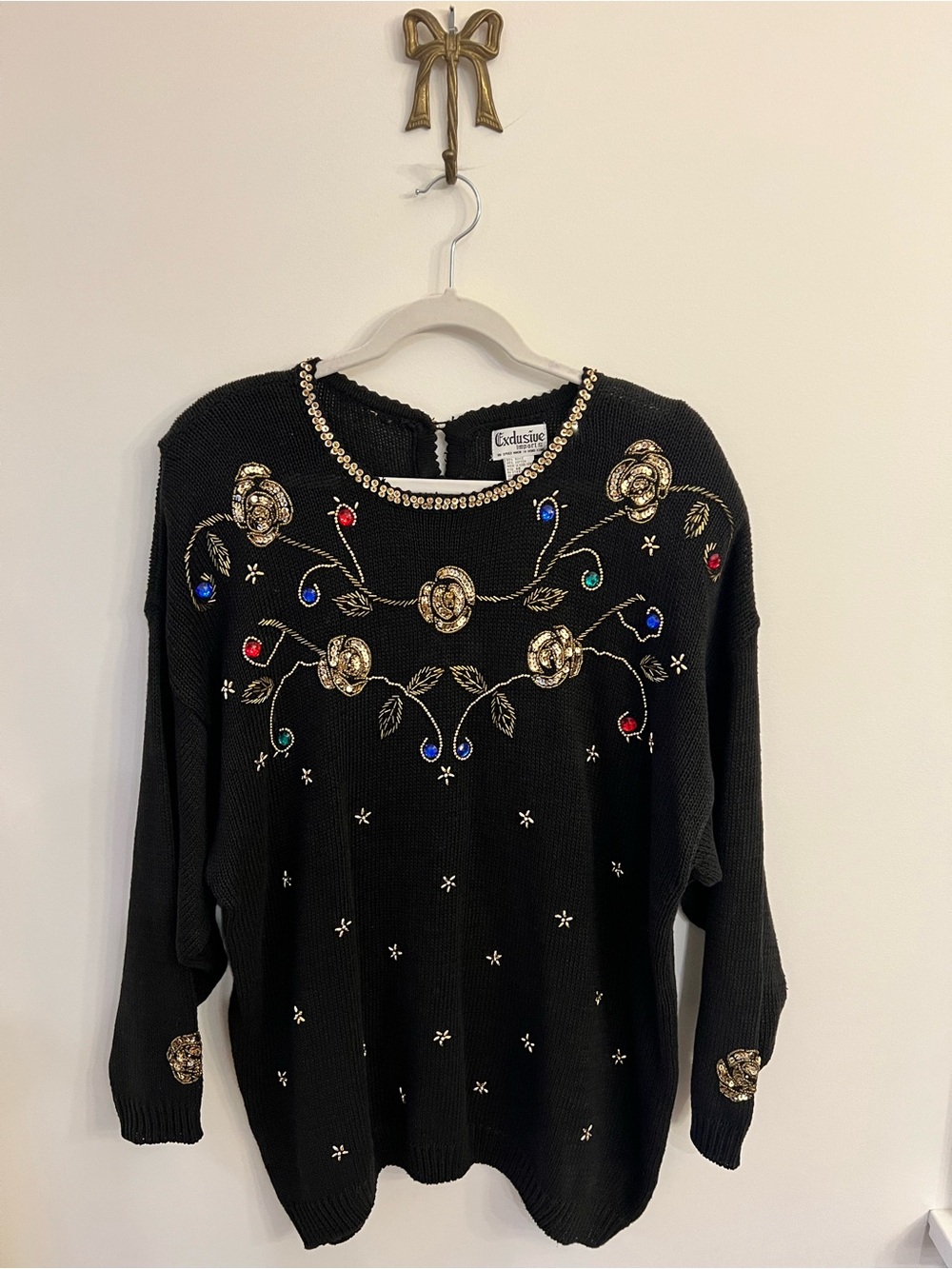 VTG Exclusive Imports Black Beaded Jeweled Cotton 80s 90s Sweater